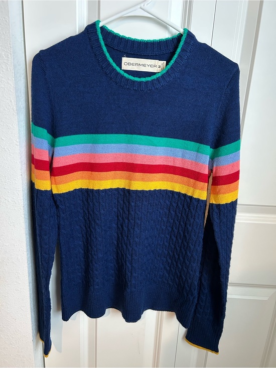 Obermeyer Sweaters - Obermeyer Vintage Rainbow Stripe Navy Cable Knit Ski Sweater
